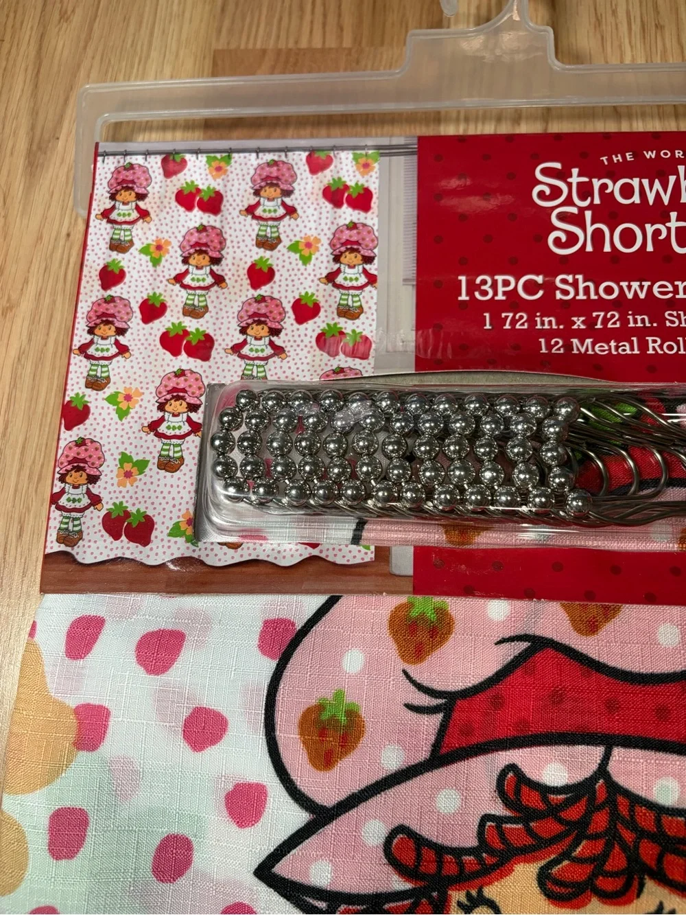 Strawberry Shortcake Dots Shower Curtain & Silver Metal Roller Hooks 13pc New